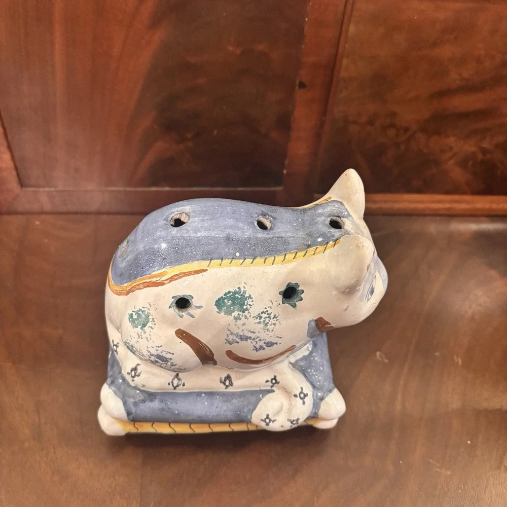 Vintage Portugal Pottery Cat Flower Frog Bud Vase Primitive Folk Art Signed 5